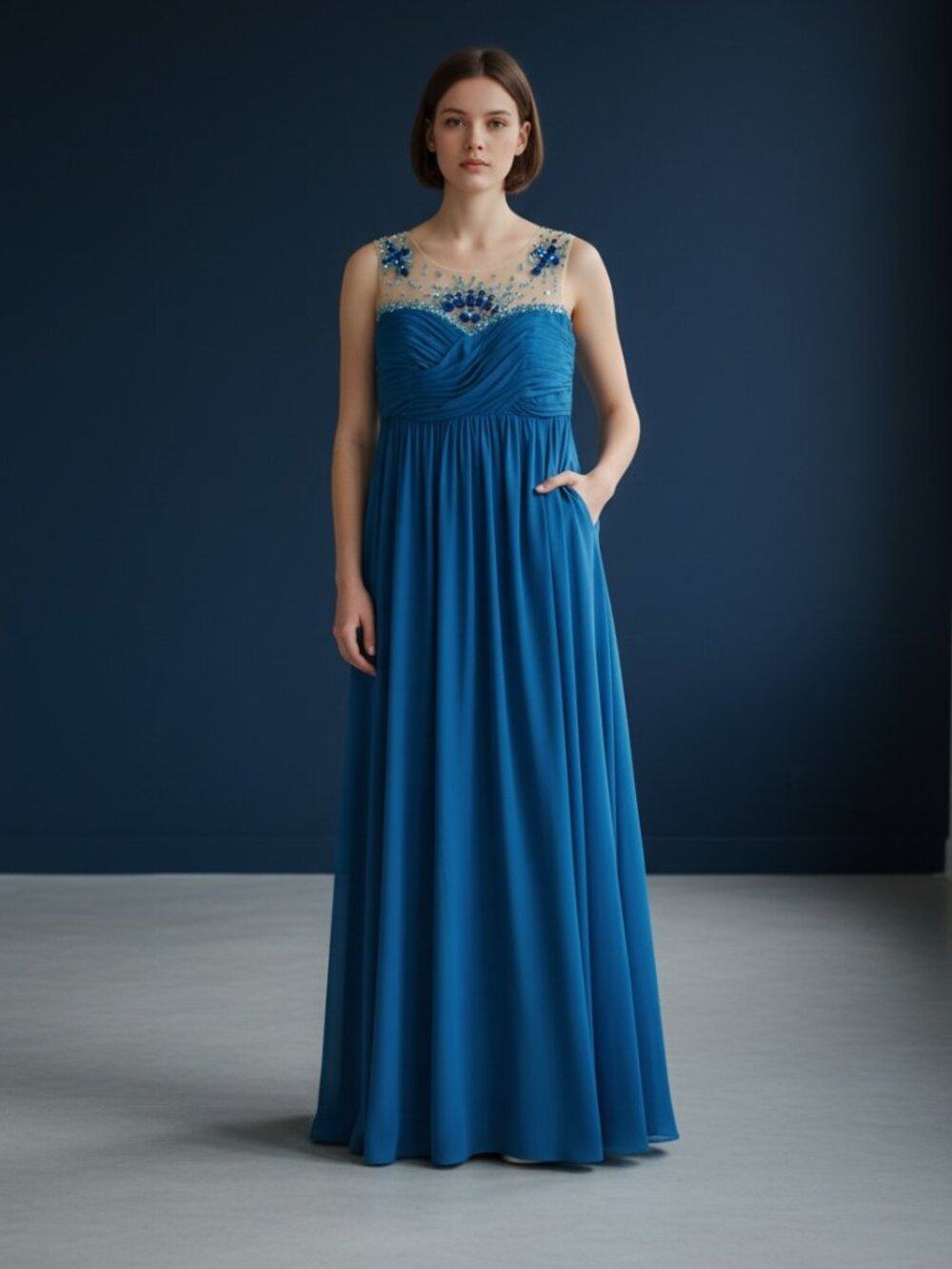 Long Blue beaded top gown size M womans